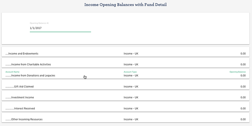 Enter opening values for income accounts