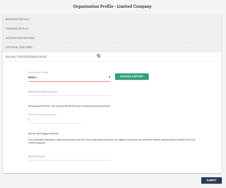 Organisation Profile - Billing, Concessions and Usage