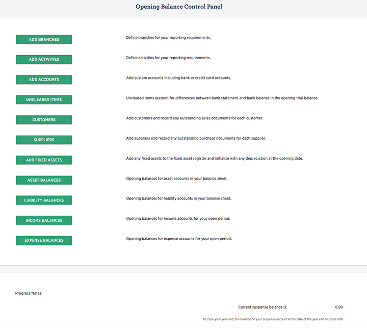 Opening Balance Control Panel