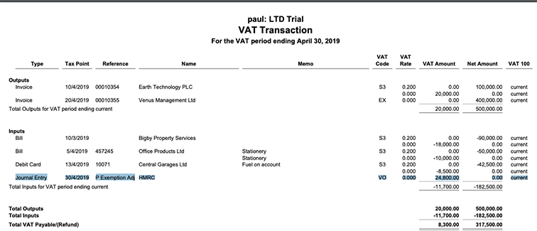 VAT Transaction report a partial exemption adjustment